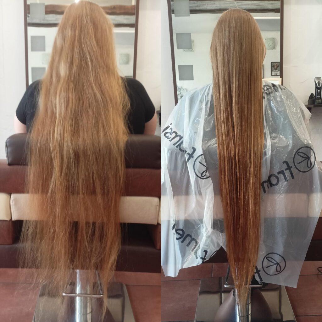 Zdjęcie przed i po zabiegu laminacji na bardzo długich włosach, pokazujące spektakularną transformację w gładką, lśniącą taflę.