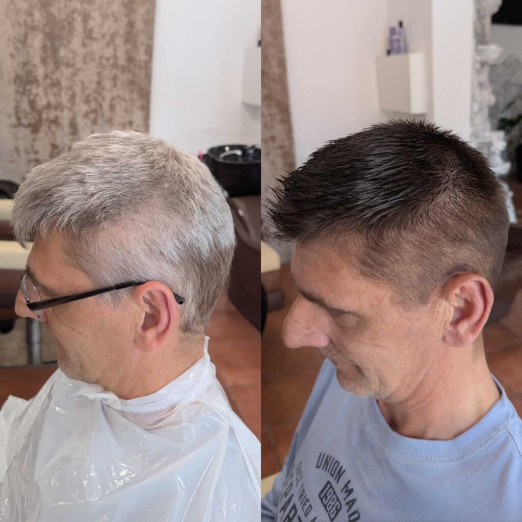 Profil mężczyzny prezentujący efekt nowoczesnego strzyżenia z teksturą i odsiwiania włosów, wykonanych w salonie fryzjerskim Colors Premium Słubice.